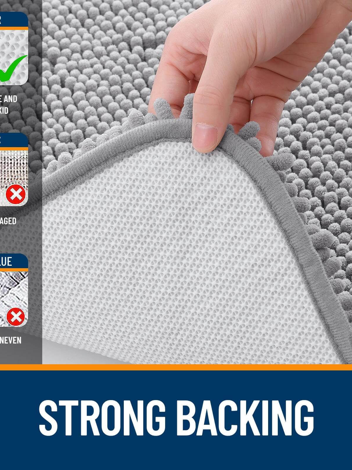 OLANLY bathroom rug showing its strong non-slip backing with a hand demonstrating durability and easy care features.