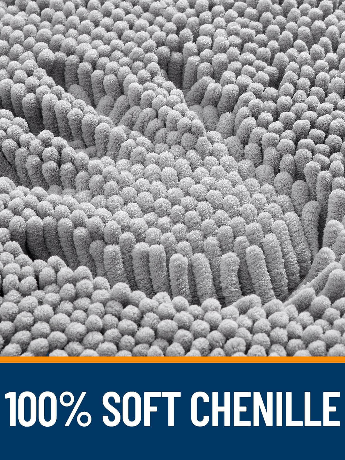 Close-up of OLANLY bathroom rug showing 100% soft chenille texture, perfect for cozy comfort and absorbency.