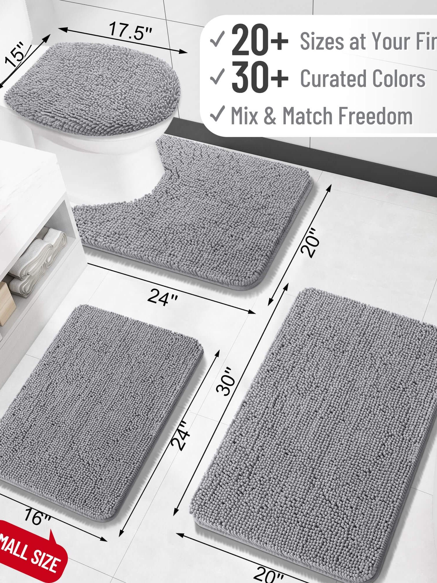OLANLY grey bathroom rugs in various sizes, featuring plush chenille for comfort and style in home decor.