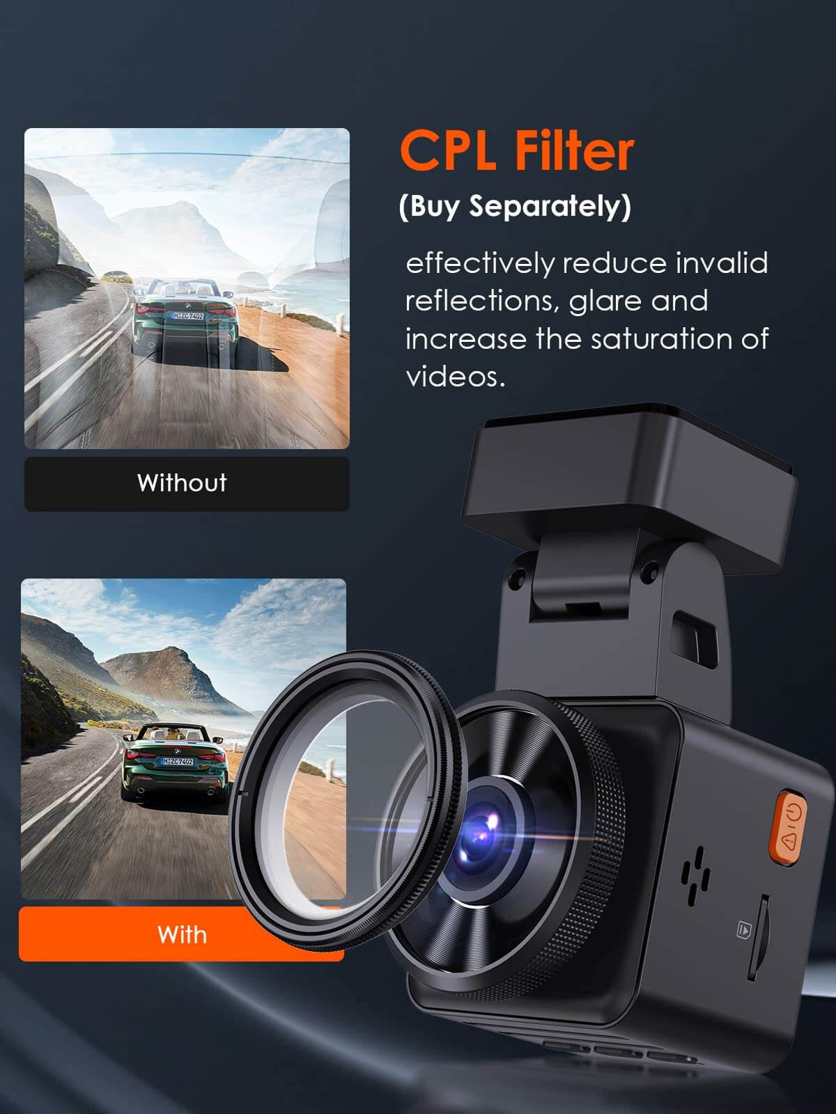 Comparison of dash cam footage with and without CPL filter, showing improved video saturation and glare reduction.