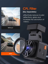 Comparison of dash cam footage with and without CPL filter, showing improved video saturation and glare reduction.
