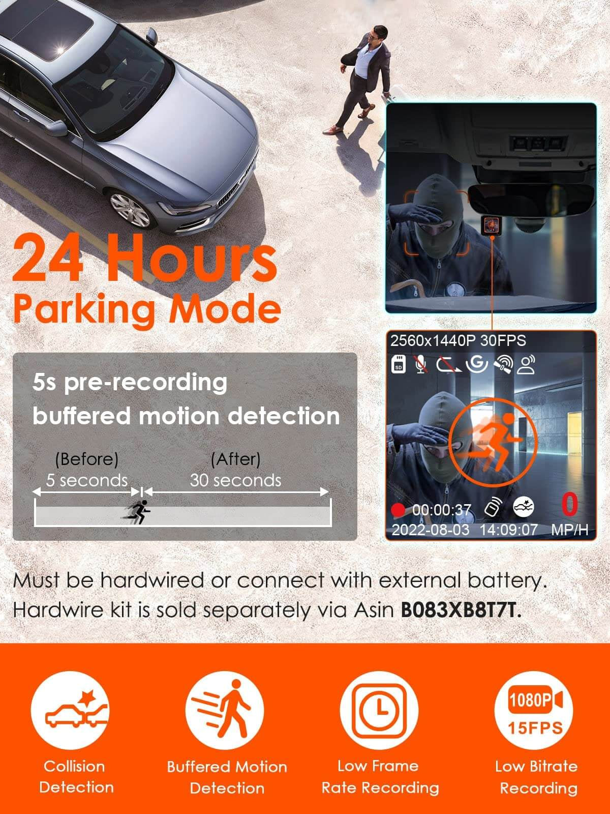 Infographic showcasing Vantrue E1 Lite Dash Cam features, including 24-hour parking mode and motion detection specifications.