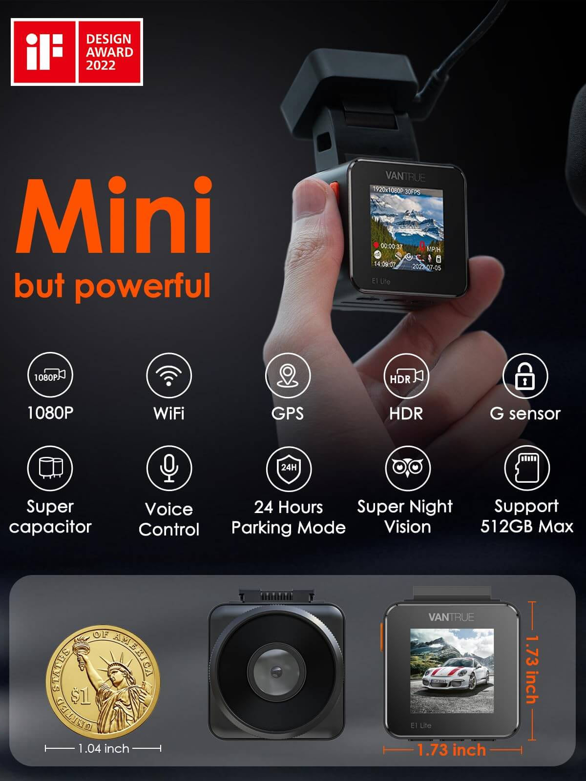Vantrue E1 Lite 1080P mini dash cam features GPS, voice control, night vision, and 24-hour parking mode in a compact design.