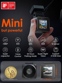 Vantrue E1 Lite 1080P mini dash cam features GPS, voice control, night vision, and 24-hour parking mode in a compact design.