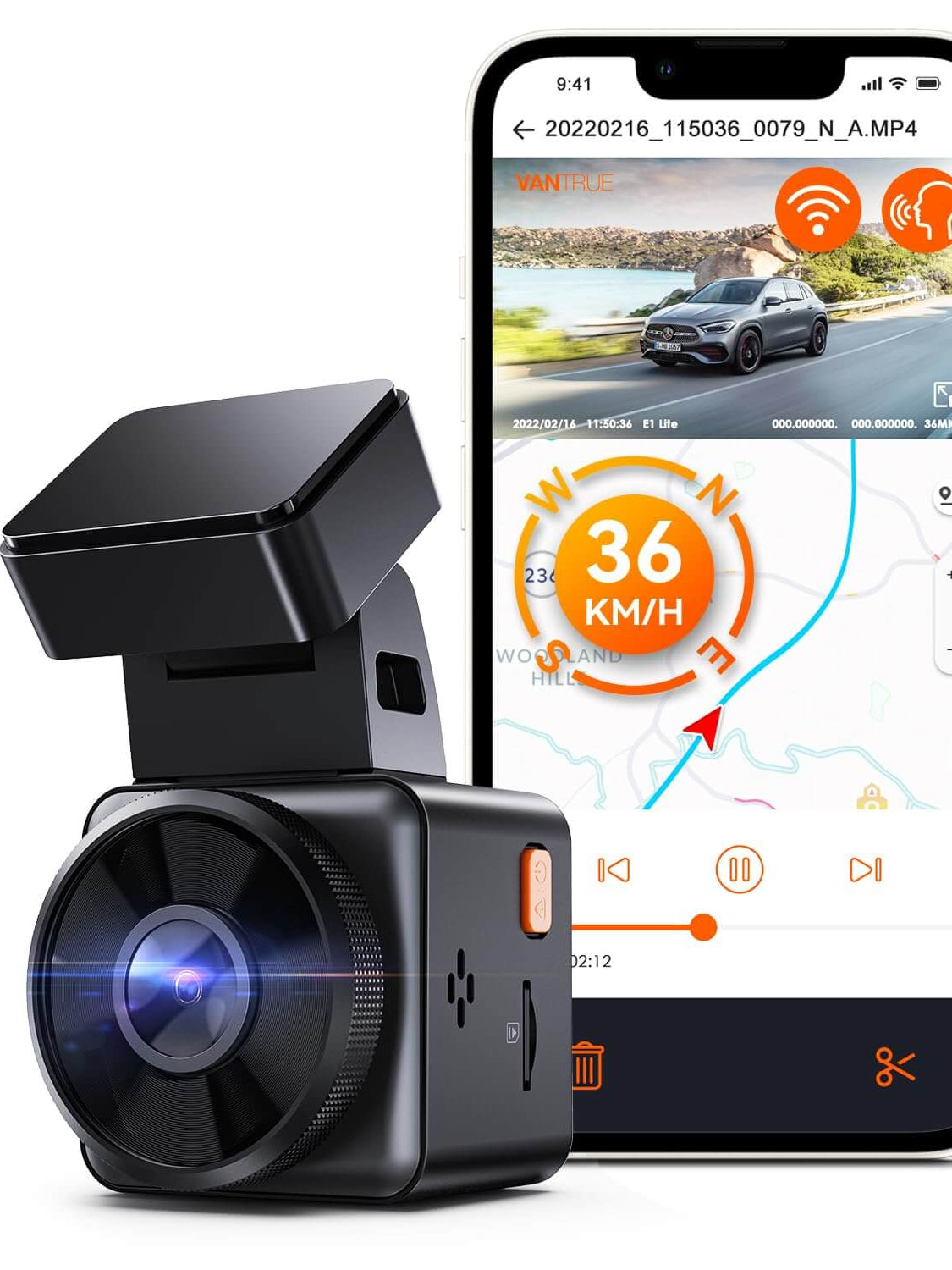 Vantrue E1 Lite mini dash cam with smartphone app displaying speed and GPS navigation features.