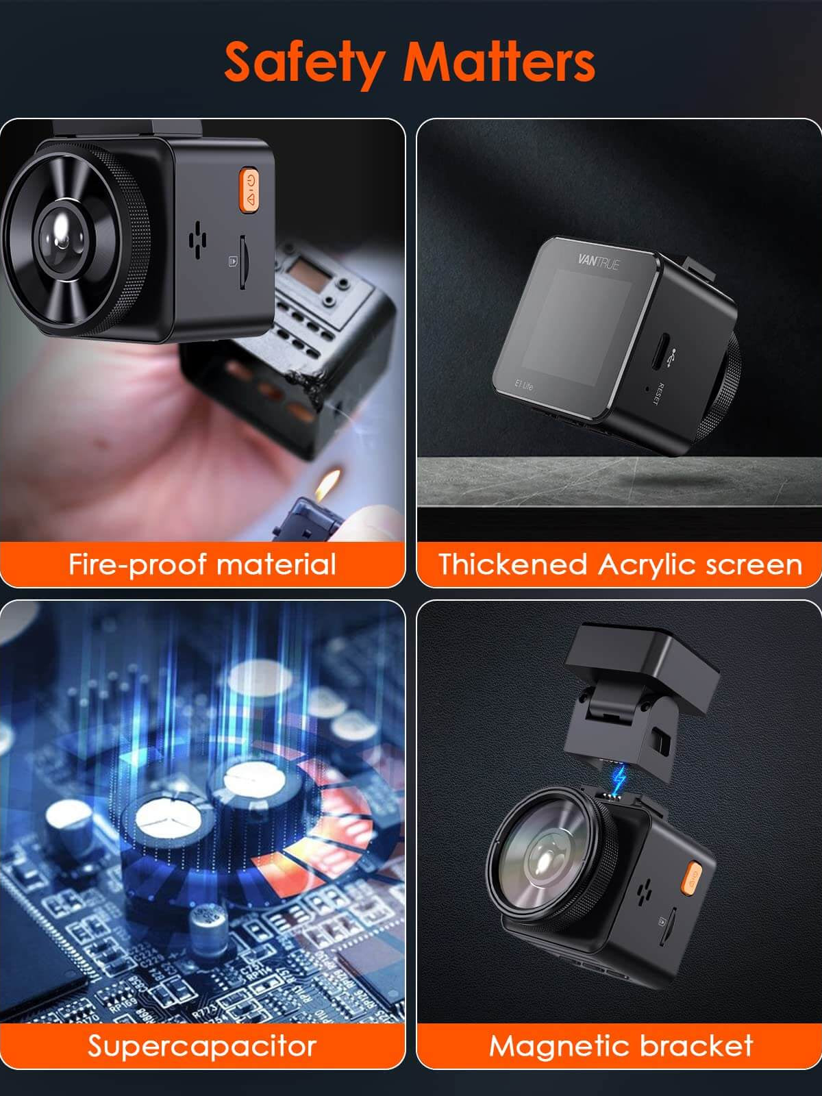 Safety features of Vantrue E1 Lite Dash Cam: fire-proof material, thickened acrylic screen, supercapacitor, magnetic bracket.