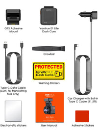 Vantrue E1 Lite 1080P WiFi Dash Cam accessories including GPS mount, cables, stickers, and user manual.