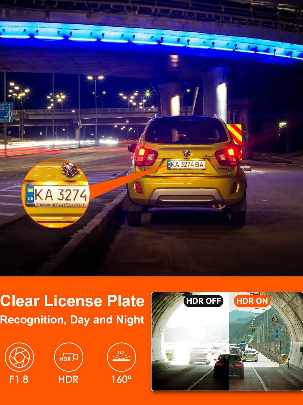 Clear license plate recognition with Vantrue E1 Lite dash cam, showcasing HDR, F1.8 aperture, and 160-degree angle.