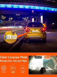 Clear license plate recognition with Vantrue E1 Lite dash cam, showcasing HDR, F1.8 aperture, and 160-degree angle.