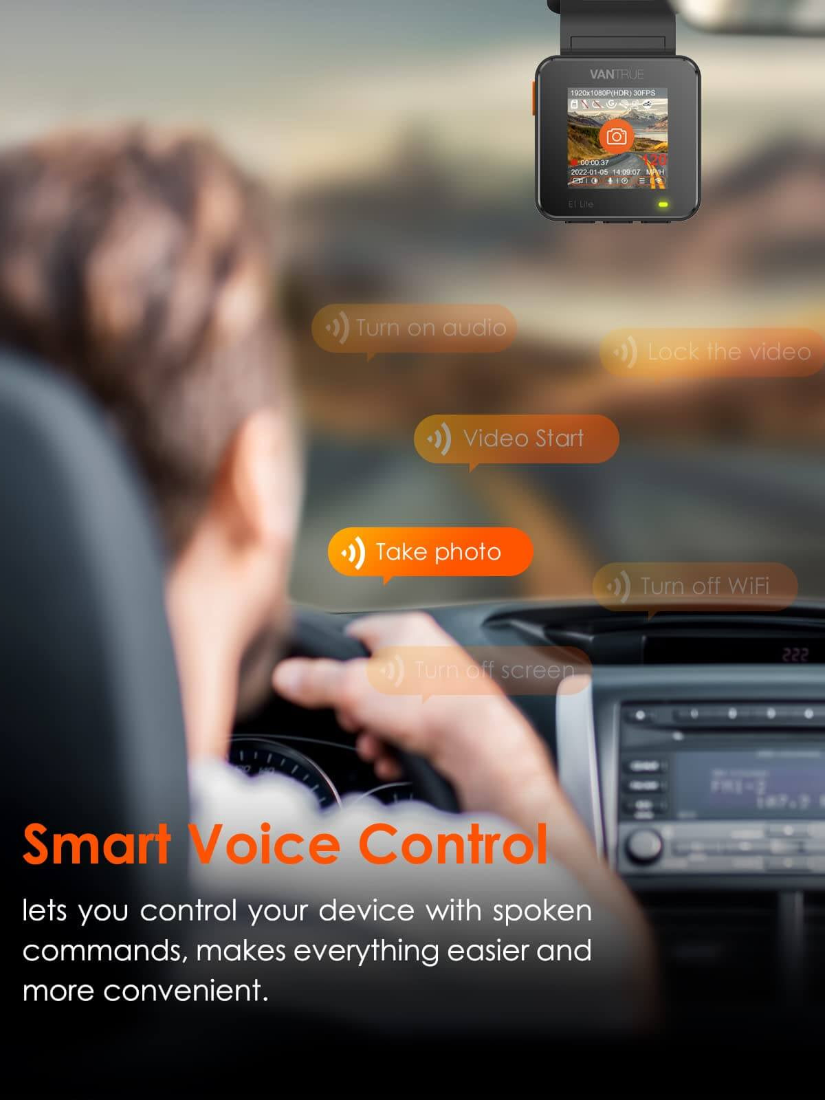 Person controlling Vantrue E1 Lite dash cam with smart voice commands while driving.