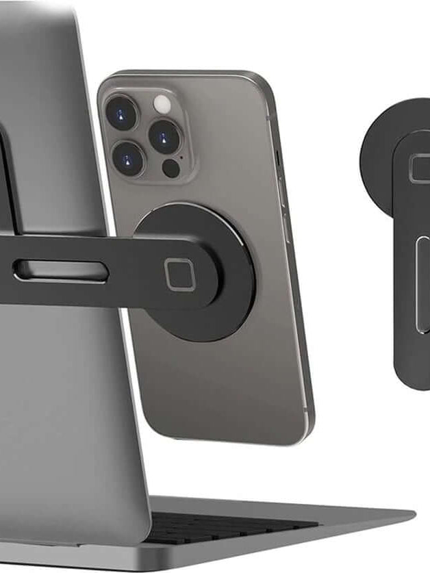 Streamline Your Workspace: Sleek Magnetic Laptop Phone Holder - Perfect for Computer Monitors, Slim & Foldable Design Compatible with iPhone 14/13/12 Series and All Smartphones