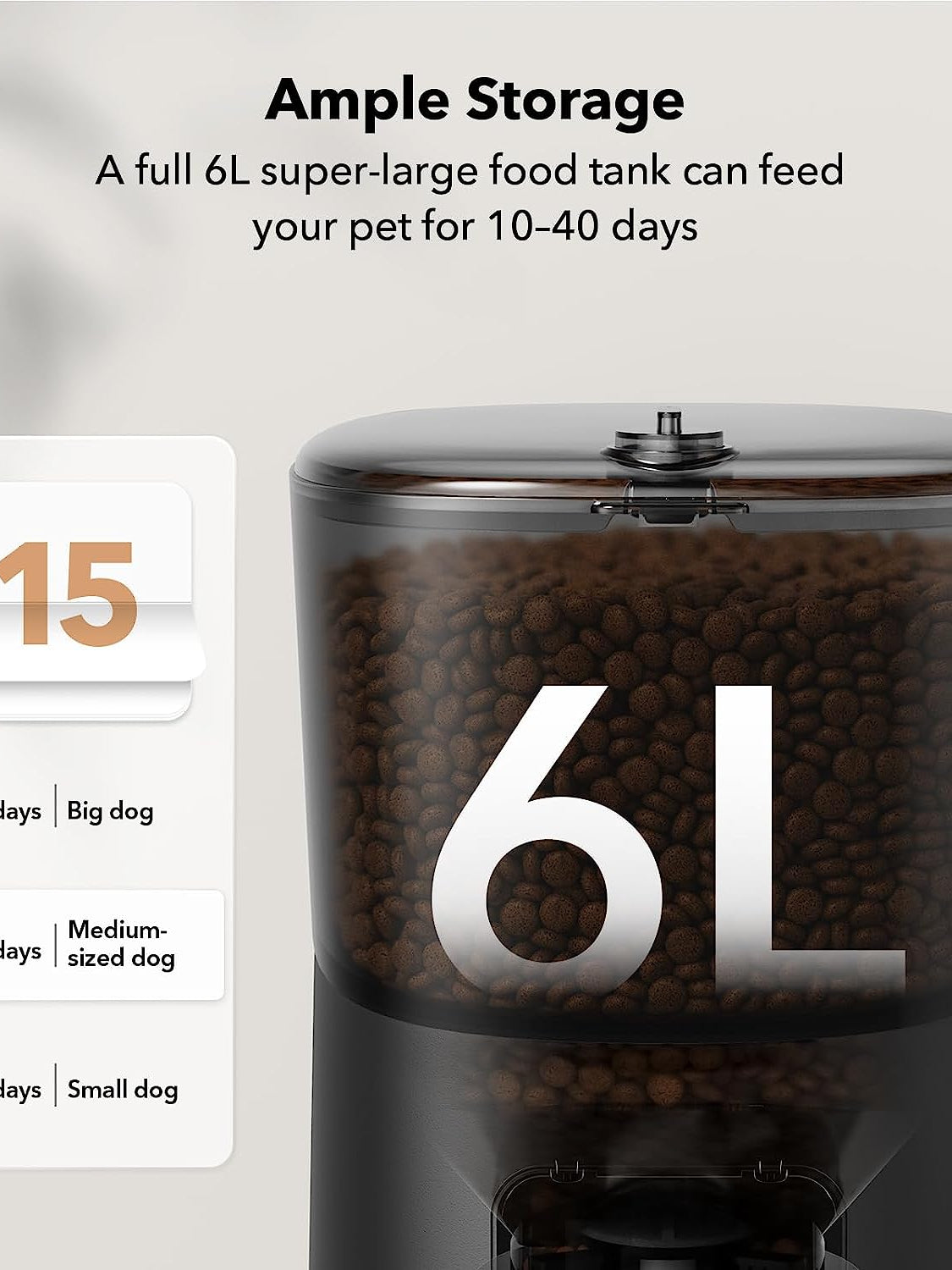 Automatic Dog Feeder 6L Auto Dry Food Dispenser for Dog and Cat with Lock Lid for Naughty Pet, Timed Cat Feeder Low Food Indication Anti-Clog up to 50 Portion & 6 Meals Daily, Black