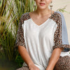 Linen Blend Animal Print See Through V-neck Colorblock Top With Side Slits