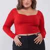 Plus Size Crimson Red Long Mesh Sleeve Sweetheart Neck Detail Structured Crop Top