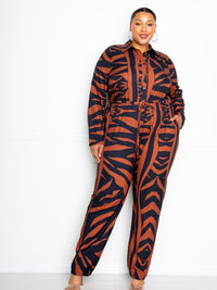 Button Up Long Sleeve Jumpsuit featuring a chic pattern and stylish design, perfect for a fashionable wardrobe.