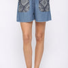 Denim And Print Pockets Elastic Waist Shorts With Raw Hem
