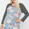 Floral Top Featuring Raglan Style Striped Sleeves And A Round Neck