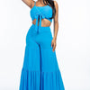 Solid Tie Front Spaghetti Strap Tank Top And Tiered Wide Leg Pants Two Piece Set