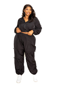 Black hooded zip-up active set with cord-lock waist and cargo jogger pants
