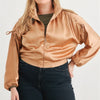 Plus Satin Zip-up Ruched Long Sleeve Cropped Bomber Jacket