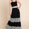 Long Tiered Contrast Fashion Skirt With Velvet Animal Print Mesh