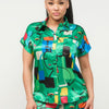Satin Dolman Print Button Down Top And Shorts Set