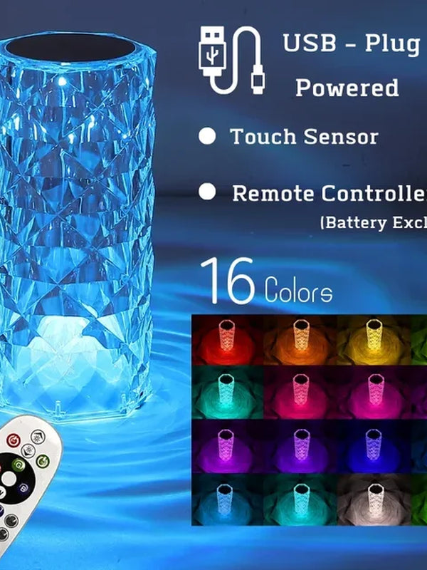 LED Crystal Rose Table Lamp USB Rechargeable 16 Color Touch Romantic Diamond Night Lamp Home Decoration Ambient Light Bedroom