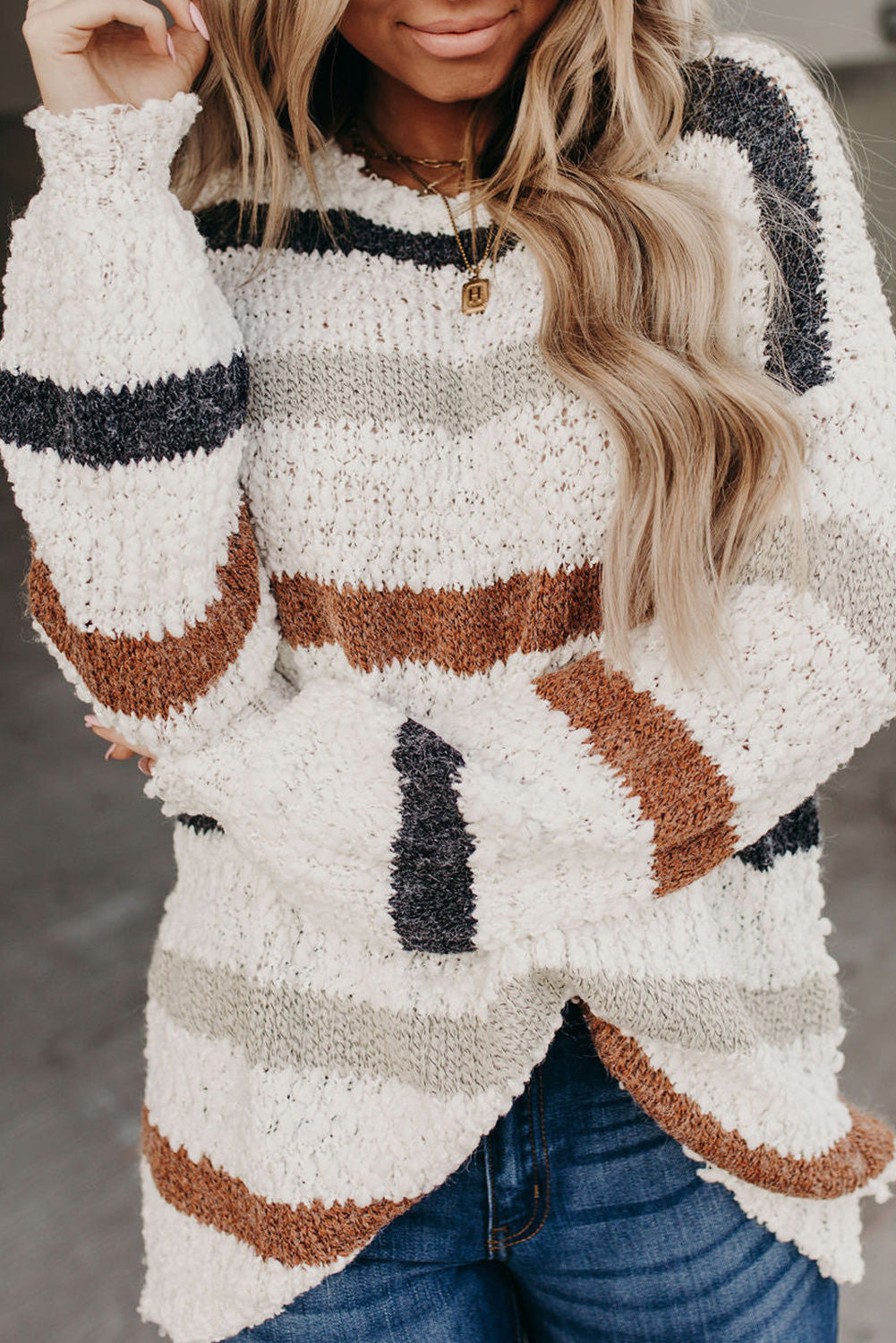 Multicolor Stripes Print Popcorn Drop Shoulder Pullover Sweater