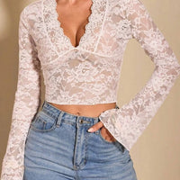 V-Neck Flare Sleeve Lace Top - Shop Now