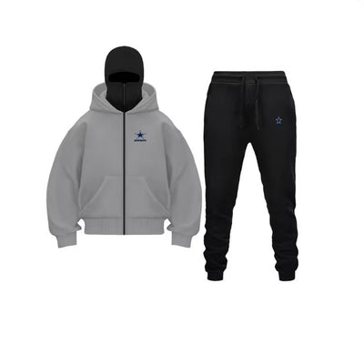 Unique Design Double Hooded Zip-Up Sweatshirt Set for Men and Women featuring a gray hoodie and black pants.