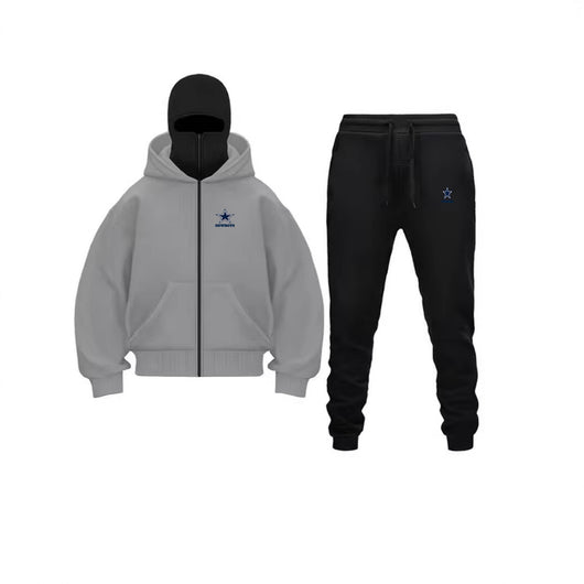 Unique Design Double Hooded Zip-Up Sweatshirt Set for Men and Women featuring a gray hoodie and black pants.