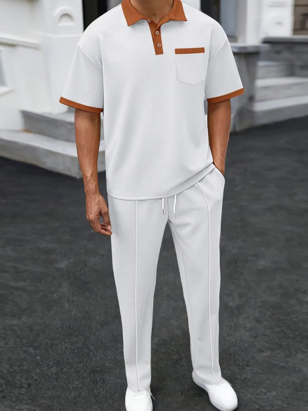 Men's full size waffle-knit contrast polo and pants set plus size, featuring a relaxed fit and modern design.