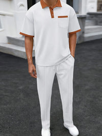 Men's full size waffle-knit contrast polo and pants set plus size, featuring a relaxed fit and modern design.