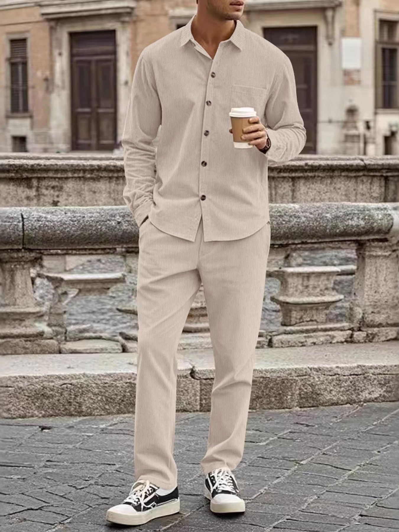 Men's long-sleeve button-up shirt and matching pants set