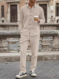 Men's long-sleeve button-up shirt and matching pants set