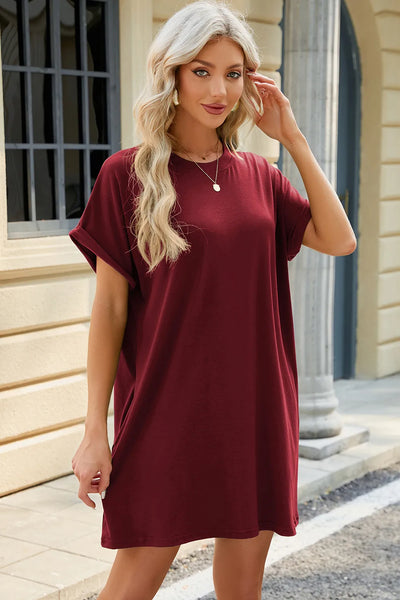 Florira Short Sleeve Mini Dress with Pockets in burgundy, stylish and comfortable with a relaxed fit.