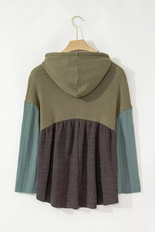 Color Block Waffle Knit Raw Hem Hoodie