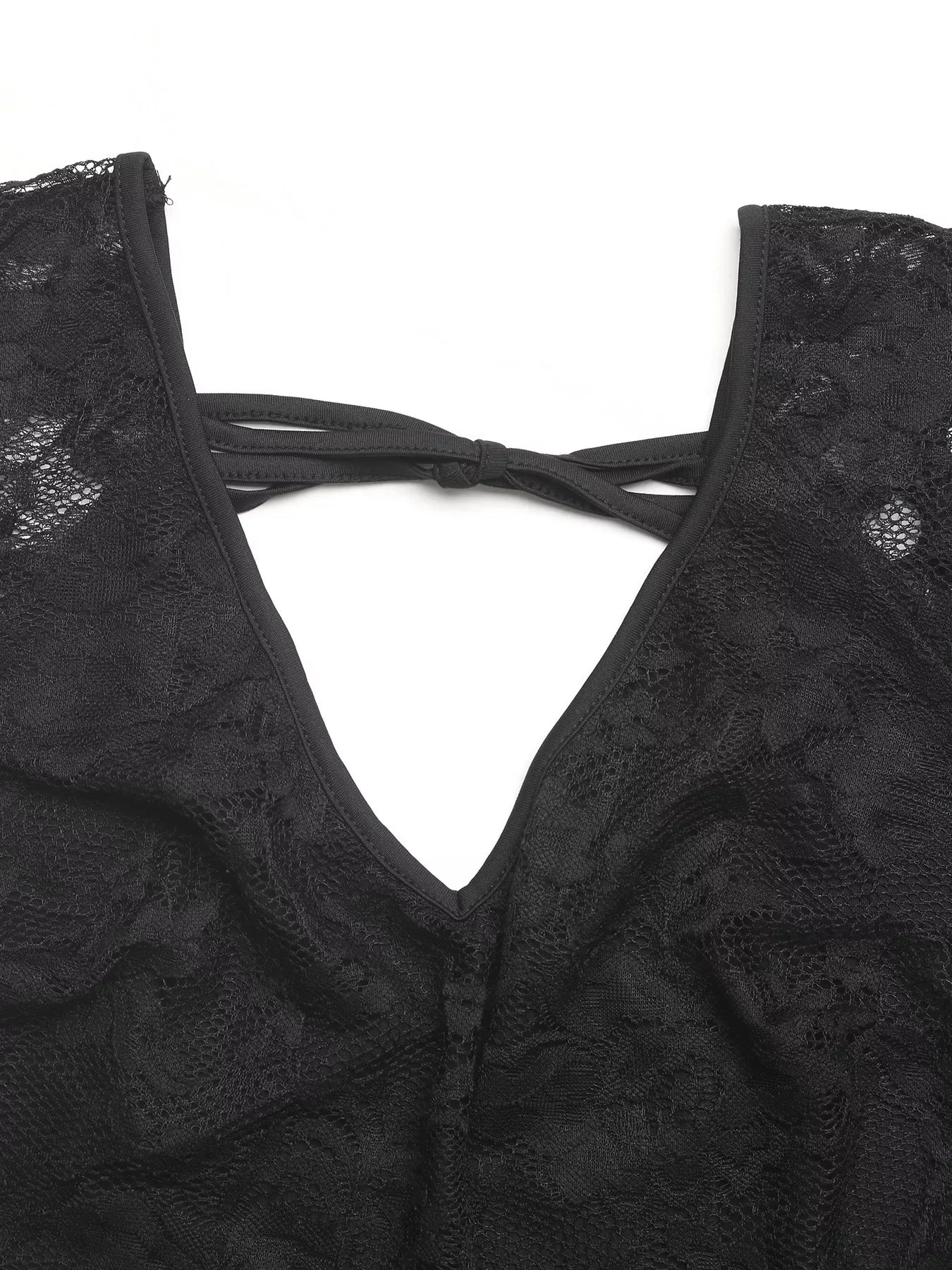 Lace V-Neck Slim Fit T-Shirt back view showcasing tied straps and sheer lace fabric.