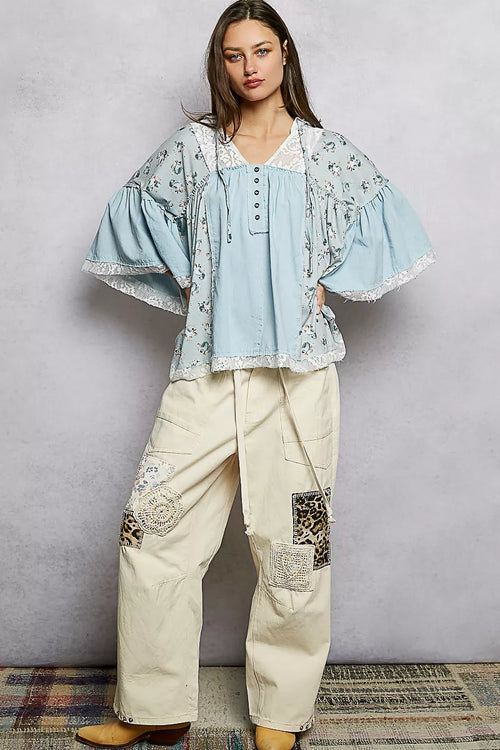 POL Double Gauze Floral Patch Blouse with Lace Detail