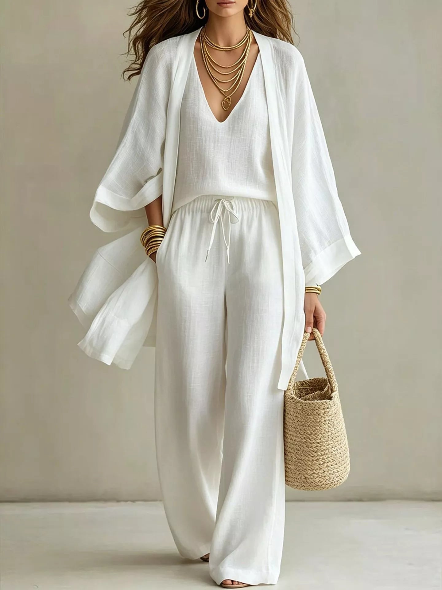The Marlowe Three-Piece Set – V-neck tank and drawstring pants without cardigan