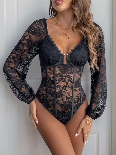 Lace Long Sleeve Bodysuit featuring intricate lace design and moderate stretch, perfect for stylish layering.