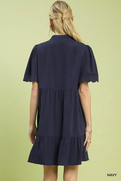 Umgee Linen Tiered Babydoll Dress with Scalloped Sleeves