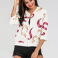 Perfee Printed Zip-Up Three-Quarter Sleeve Bomber Jacket