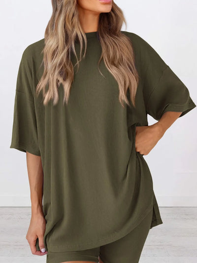 Full Size Oversized Slit Round Neck Top and Shorts Lounge Set Plus Size in olive green