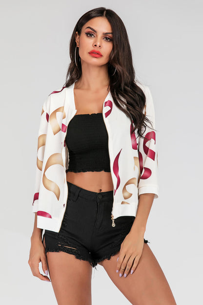 Perfee Printed Zip-Up Three-Quarter Sleeve Bomber Jacket