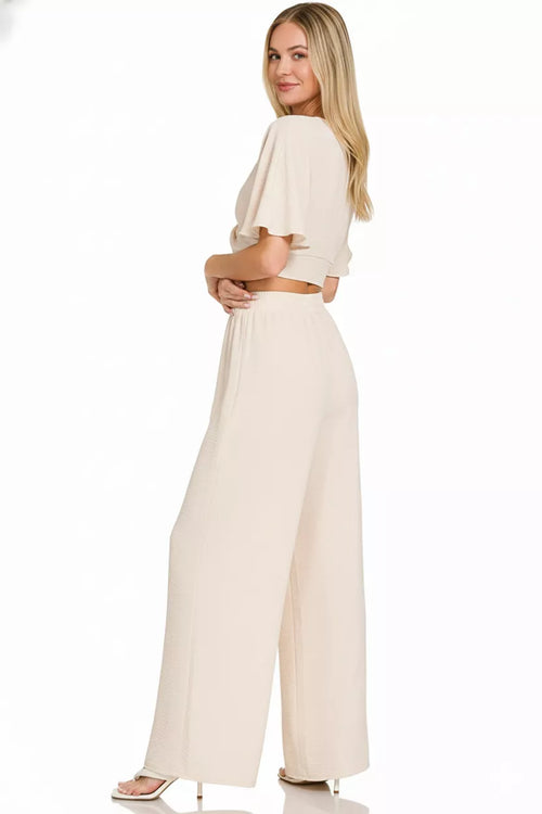 Zenana Woven Airflow Twisted Top & Wide Leg Pants Set