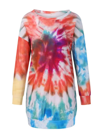 Full Size Tie-Dye Round Neck Long Sleeve Dress featuring vibrant colors and a relaxed fit.