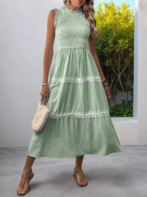 Smocked Striped Lace Trim Sleeveless Midi Dress
