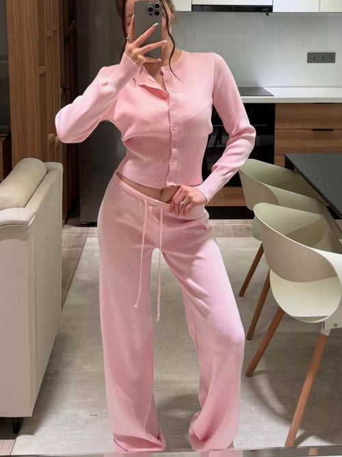 Button Up Cardigan and Pants Knit Set