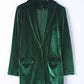 Green Lapel Collar Velvet Blazer with Flap Pockets